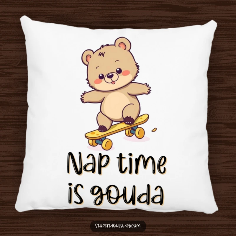 Funny pillow featuring a clumsy bear cub attempting to ride a skateboard made of cheese, creating a humorous and cozy vibe.