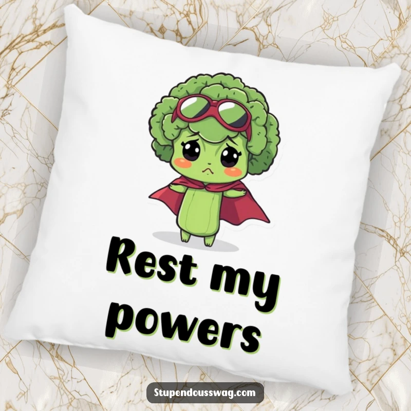 Funny bewildered broccoli pillow featuring a miniature superhero cape on a charmingly confused floret for a humorous accent.