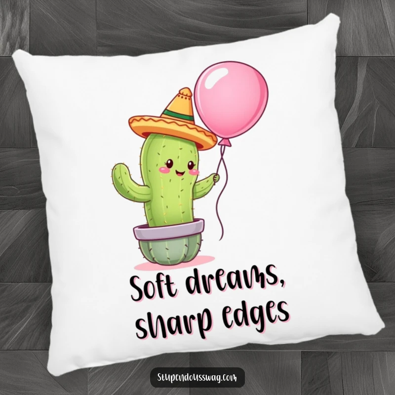 Funny pillow with a cactus wearing a tiny sombrero attempting to hug a balloon, providing soft comfort and a humorous decorative element.