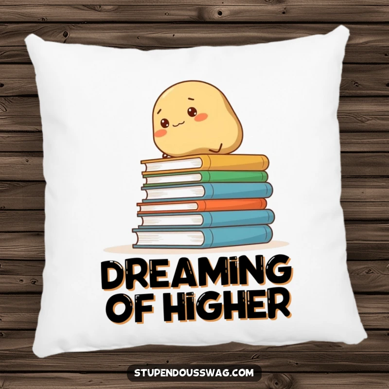 Funny pillow showcasing a determined potato's comical climb up a stack of books, providing comfort and humor.