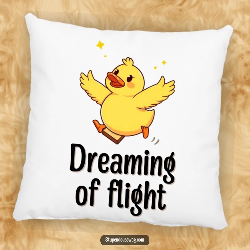 Funny pillow displaying a brave rubber ducky in mid-flight, leaping from a slice of toast, offering comfort and amusement.