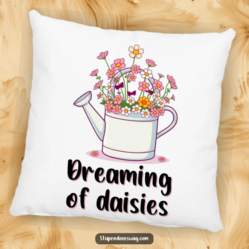 Funny pillow with a giggling watering can illustration, overflowing with tiny flowers, offering comfort and cheerful vibes.
