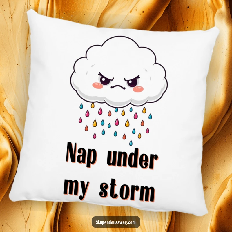 Funny grumpy cloud pillow, decorated with small, vibrant raindrops, providing a humorous and visually appealing accent for any room.