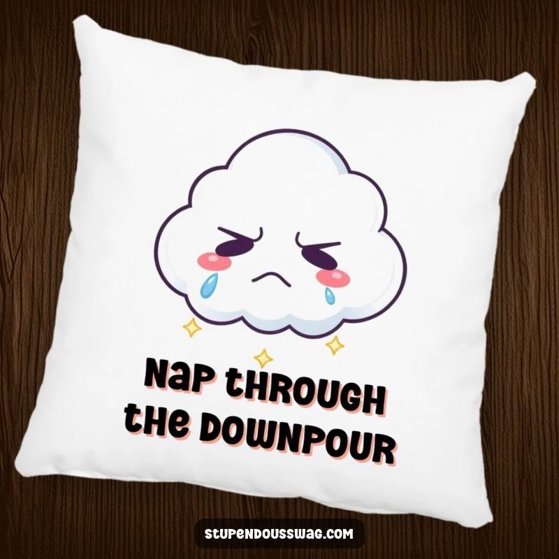 Funny grumpy cloud pillow with sparkling rainbow tears, a soft and humorous decorative cushion for home.