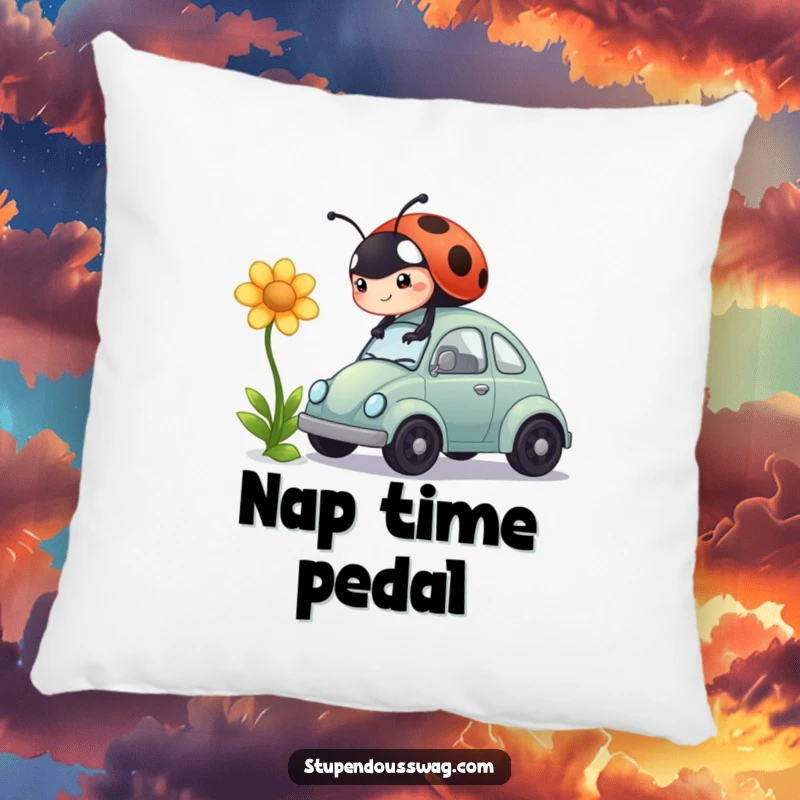 Funny pillow showing a ladybug pushing a flower into a tiny car, its determined expression adding to the humor.