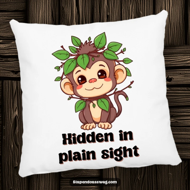Funny pillow with a mischievous monkey character peeking out from a clever disguise of leaves and twigs.