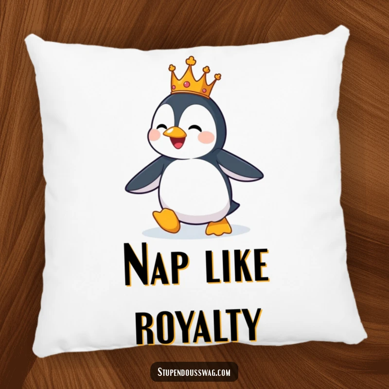 Funny pillow with a penguin wearing a small crown, comically attempting to fly, designed for cozy inspiration.