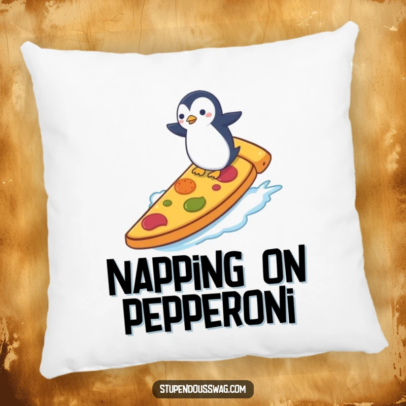 Funny pillow depicting a small penguin surfing a giant slice of pizza, perfect for adding comfort and a humorous touch to any seating.