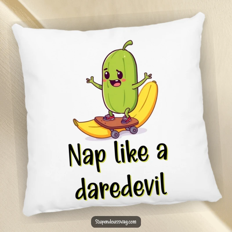 Funny pillow featuring a mischievous pickle skateboarding down a banana peel, providing soft comfort and extreme humor.