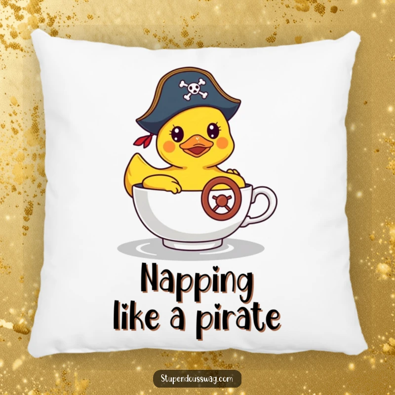 Funny pillow with a rubber duck wearing a pirate hat steering a teacup, providing soft comfort and a humorous decorative element.