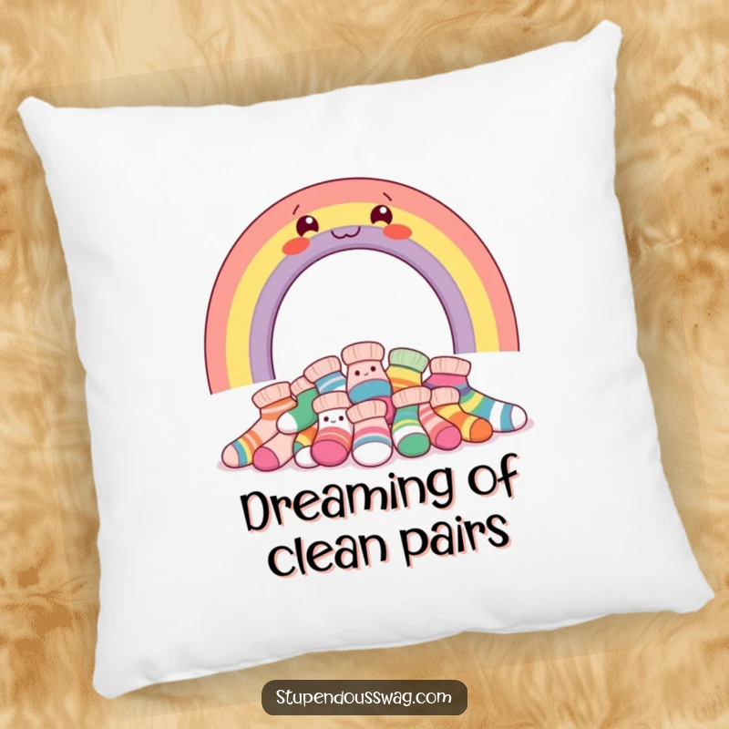 Funny pillow adorned with a smiling rainbow and a pile of giggling socks, perfect for adding comfort and humor.