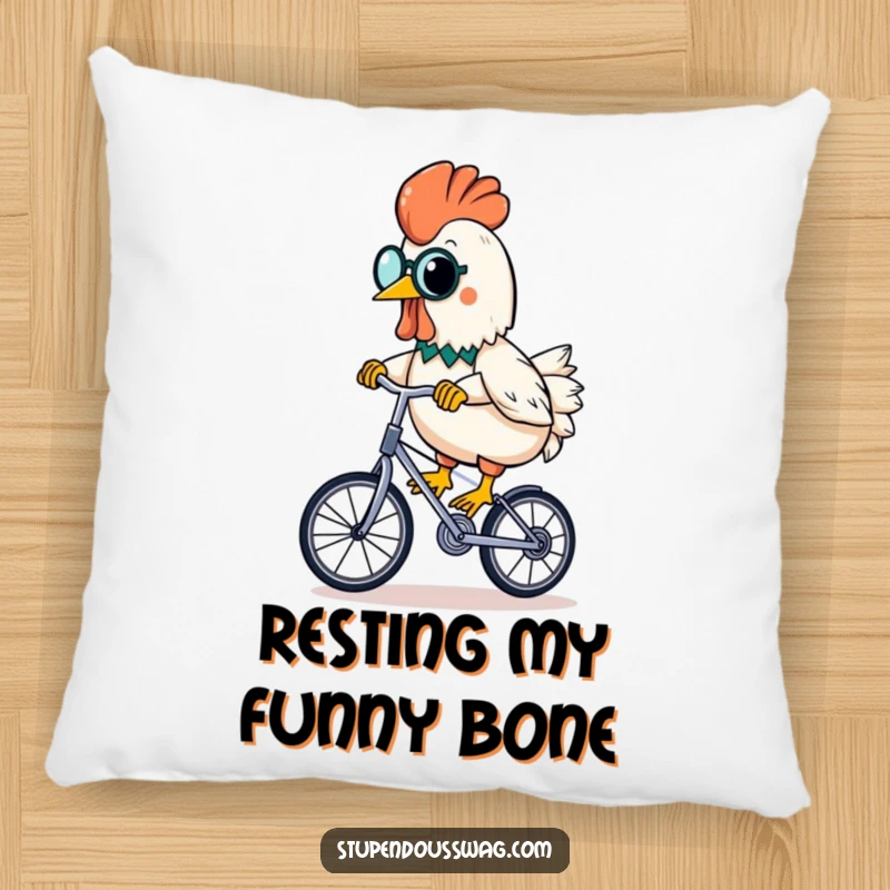 Funny rubber chicken with monocle, riding a unicycle with banana, on a soft and funny pillow.