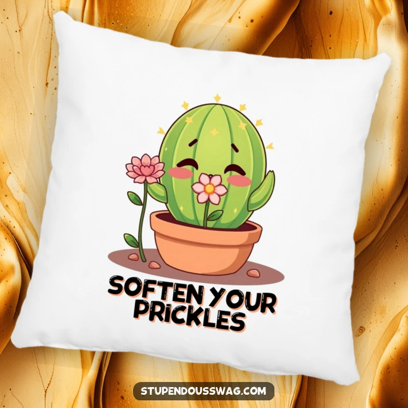 Funny shy cactus pillow with a nervous plant offering a flower, a soft and humorous decorative cushion.