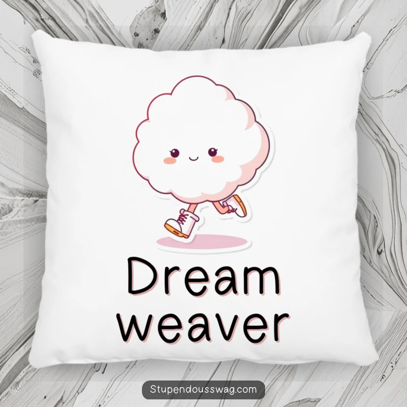 Funny Skipping Cloud Pillow: A fluffy cloud in tiny boots skips happily, soft and cheerful.
