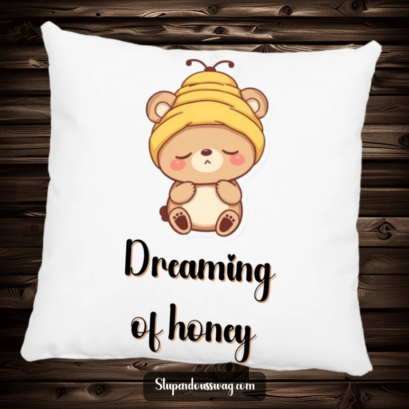 Funny pillow with a sleepy bear character hilariously trying to use a beehive as a hat, soft and squishy.