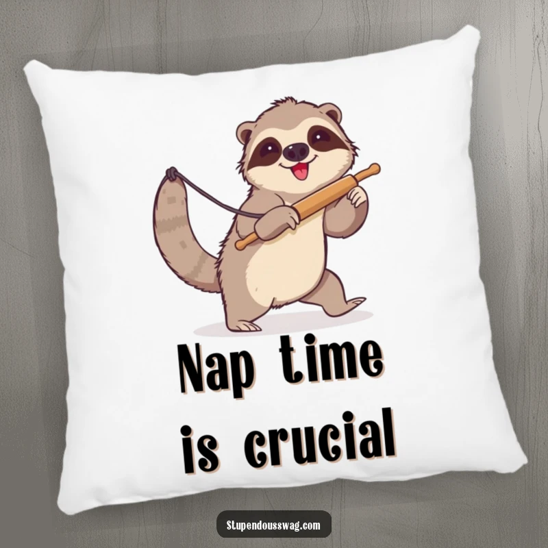 Funny sloth pillow showing a clumsy sloth attempting to lasso a runaway rolling pin. Soft and humorous decorative accent for any room.