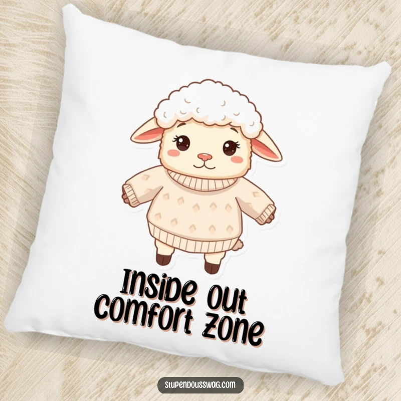Funny sheep pillow showcasing a fluffy sheep with an inside out sweater, looking adorably confused. Soft and humorous decorative accent for any space.