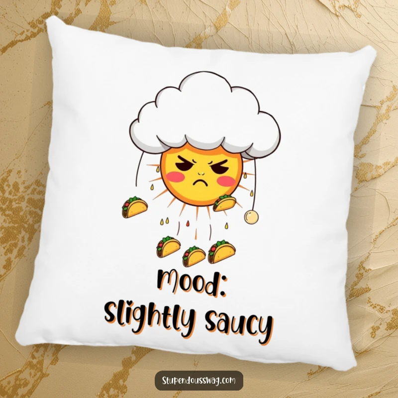 Funny pillow featuring a grumpy cloud raining tiny tacos on a confused sun, offering comfort and a humorous decorative touch.