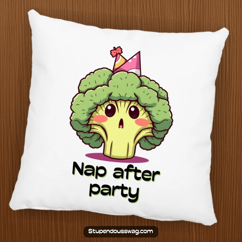 Funny pillow featuring a surprised broccoli head wearing a party hat, bringing comfort and a dose of healthy humor.