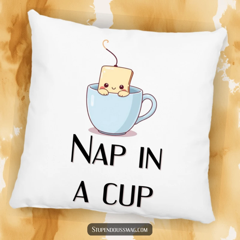 Funny pillow with a shy teabag peeking from a steaming mug, offering comfort and celebrating introverted tea enjoyment.