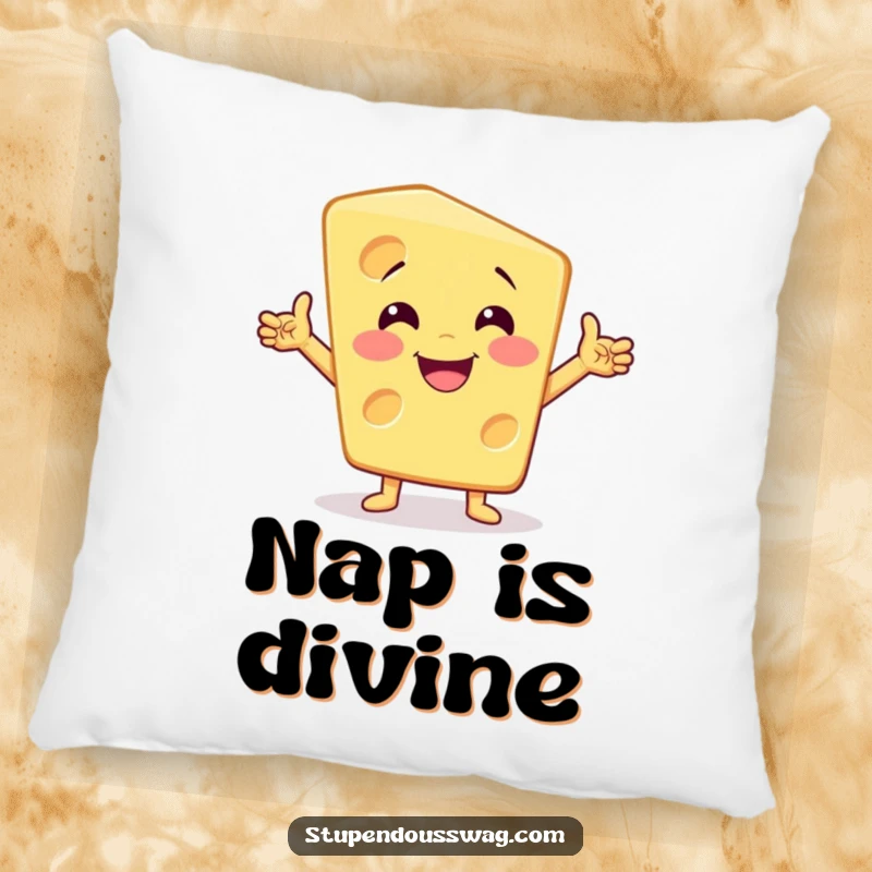 Funny dramatic cheese pillow featuring a smiling cheese wedge in a sophisticated, theatrical pose for a humorous accent.