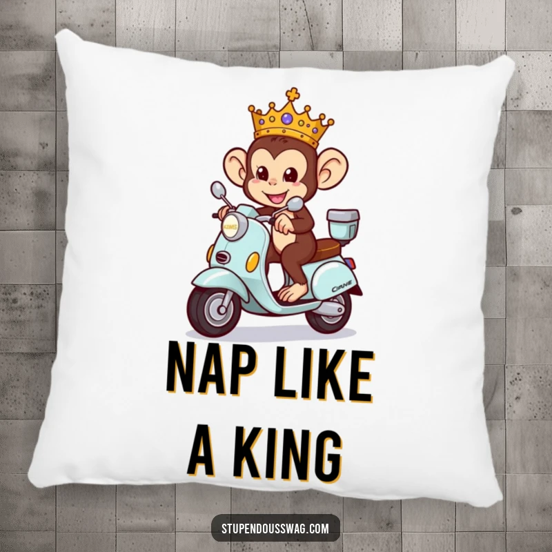 Funny Monkey King Pillow featuring a mischievous, crowned monkey riding a tiny ornate scooter, offering cozy royal charm.