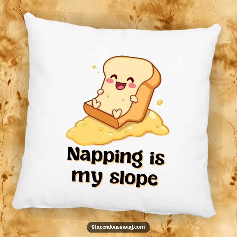 Funny pillow featuring a happy bread loaf comically sliding down a slick buttered slope, adding comfort and humor.