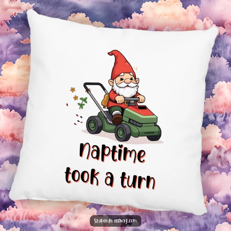 Funny Pillow: A garden gnome confusedly riding a runaway lawnmower, bringing garden humor to home decor.