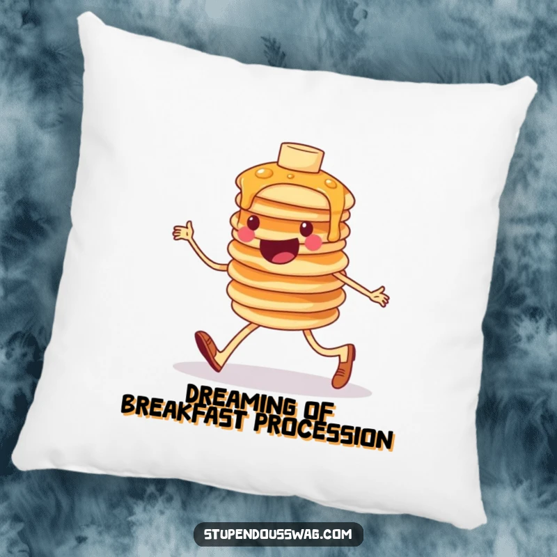 Funny pillow with a soft texture, depicting a cheerful, wobbly stack of pancakes humorously marching, perfect for adding a touch of breakfast fun.