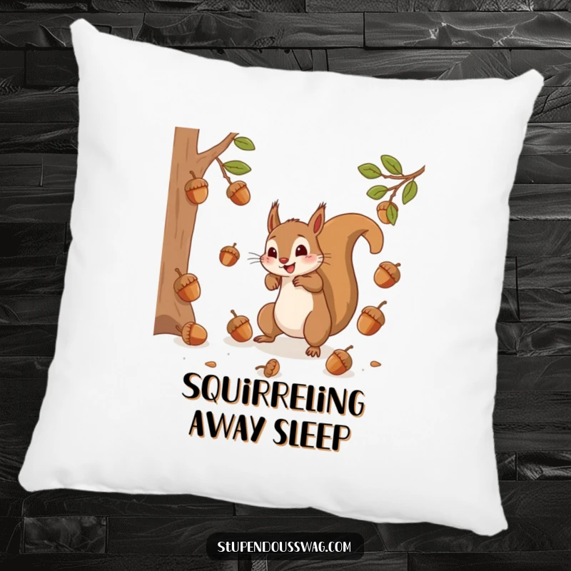 A soft pillow featuring a frantic squirrel trying to catch bouncing acorns, designed for comfort and a humorous touch.