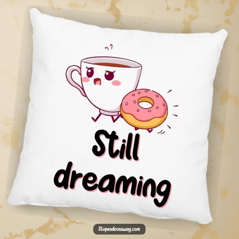 Funny Teacup Donut Chase Pillow: A startled teacup is chased by a rolling donut.
