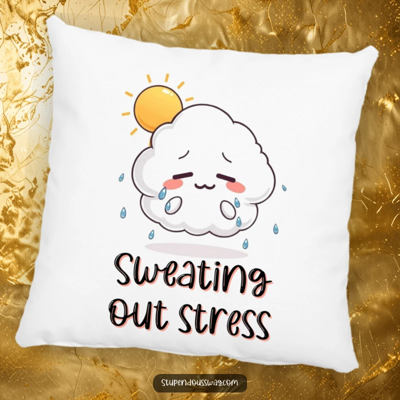 Funny pillow with a nervous, sweating cloud illustration on a sunny day, offering humorous comfort and relatable anxiety relief.