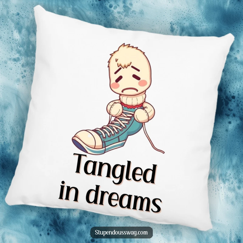 Funny pillow displaying a confused sock puppet in a comical knot of shoelaces, offering comfort and amusement.