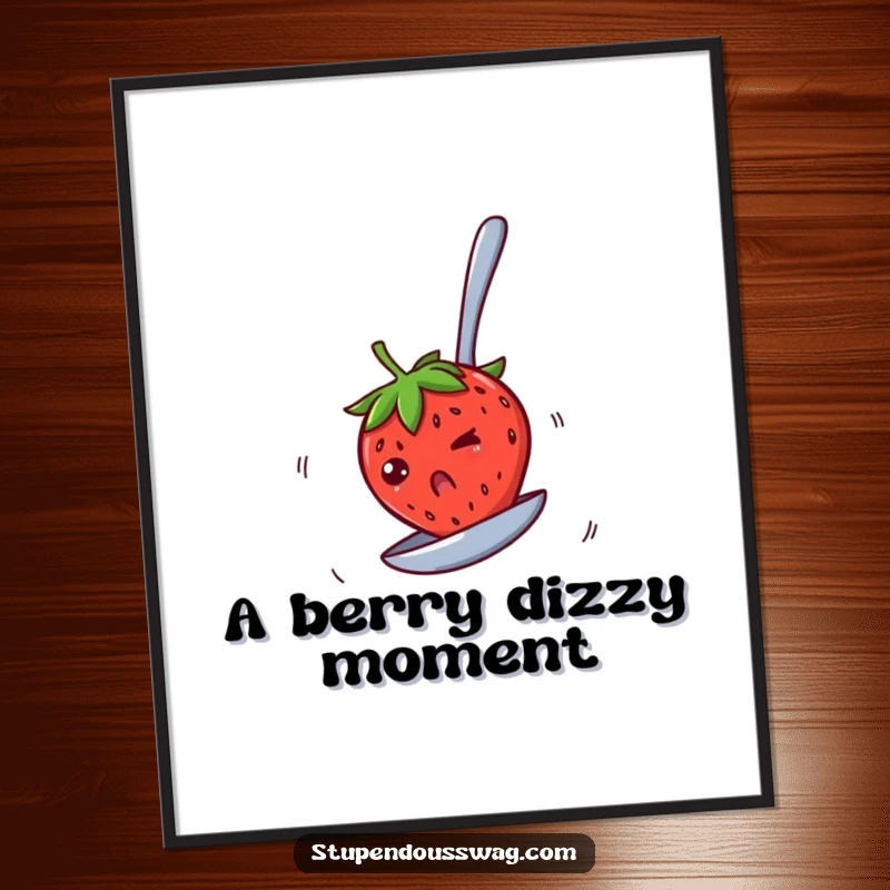 Funny digital art print of a bewildered strawberry spinning rapidly on an upside-down spoon, perfect for adding humorous and whimsical flair.