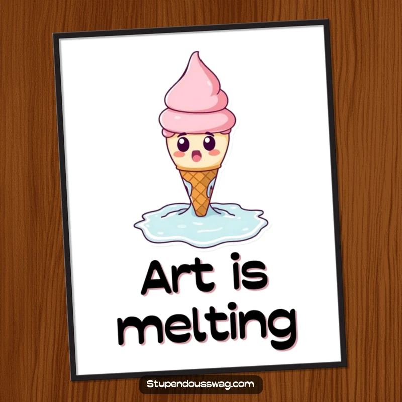 Funny digital art print of a surprised ice cream cone melting dramatically into a puddle.
