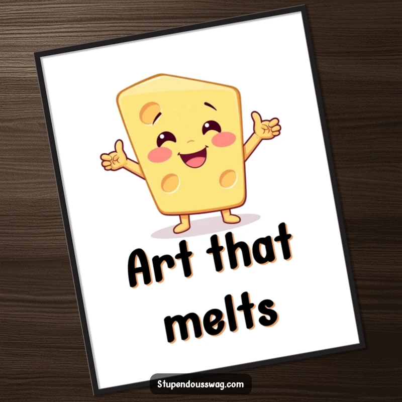 Funny dramatic cheese digital art print of a smiling cheese wedge striking a theatrical, attention-grabbing pose.