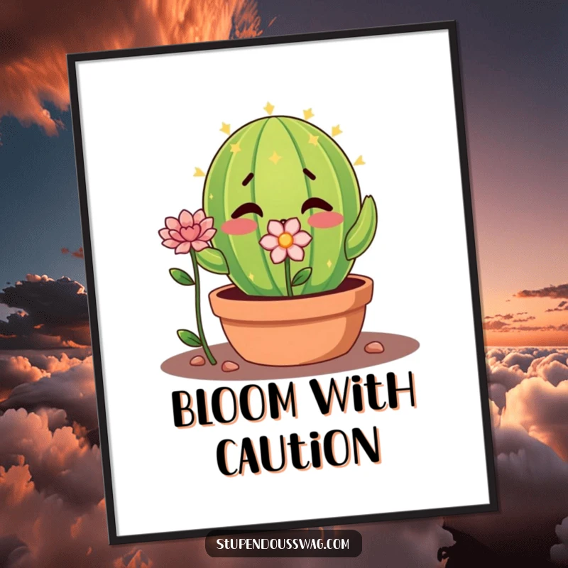 Funny shy cactus digital art with a nervous plant offering a flower, a humorous and tender printable.