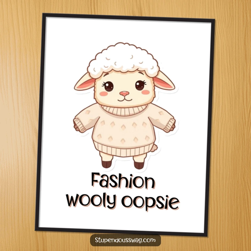Funny sheep digital art print of a confused fluffy sheep wearing its sweater inside out. Humorous and whimsical illustration for instant download.