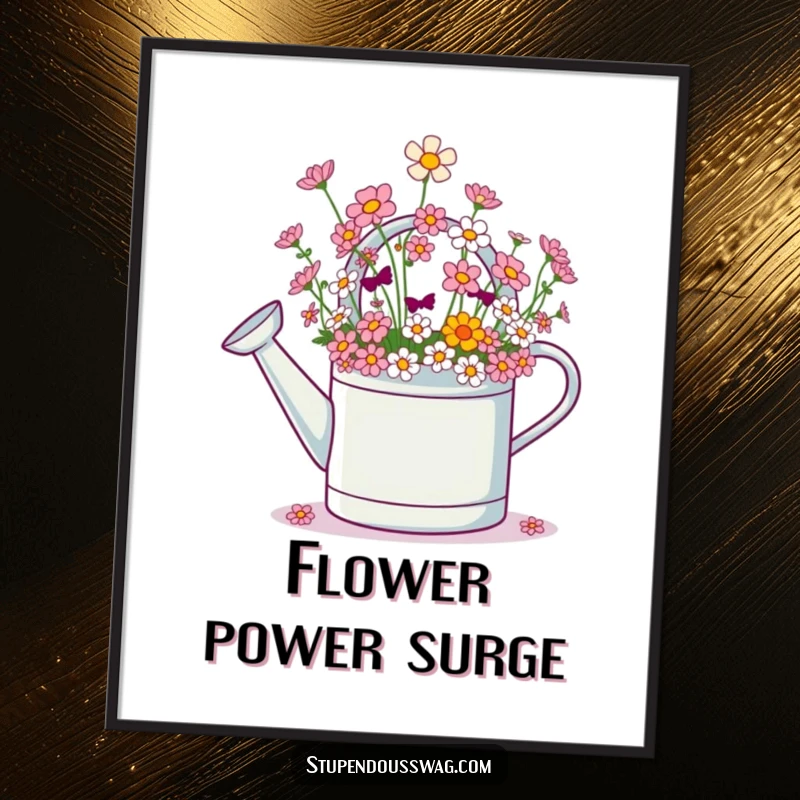 Funny digital art print of a giggling watering can spilling an abundance of tiny flowers, radiating joy and happiness.