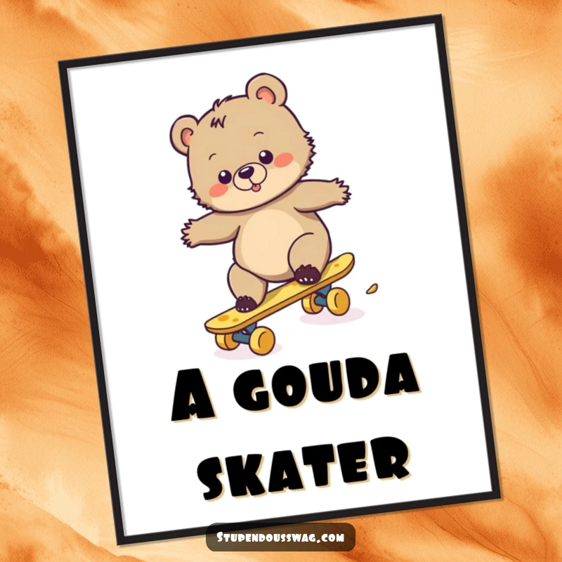 Funny digital art print of a clumsy bear cub attempting to skateboard on a cheese wheel, a humorous and endearing scene.