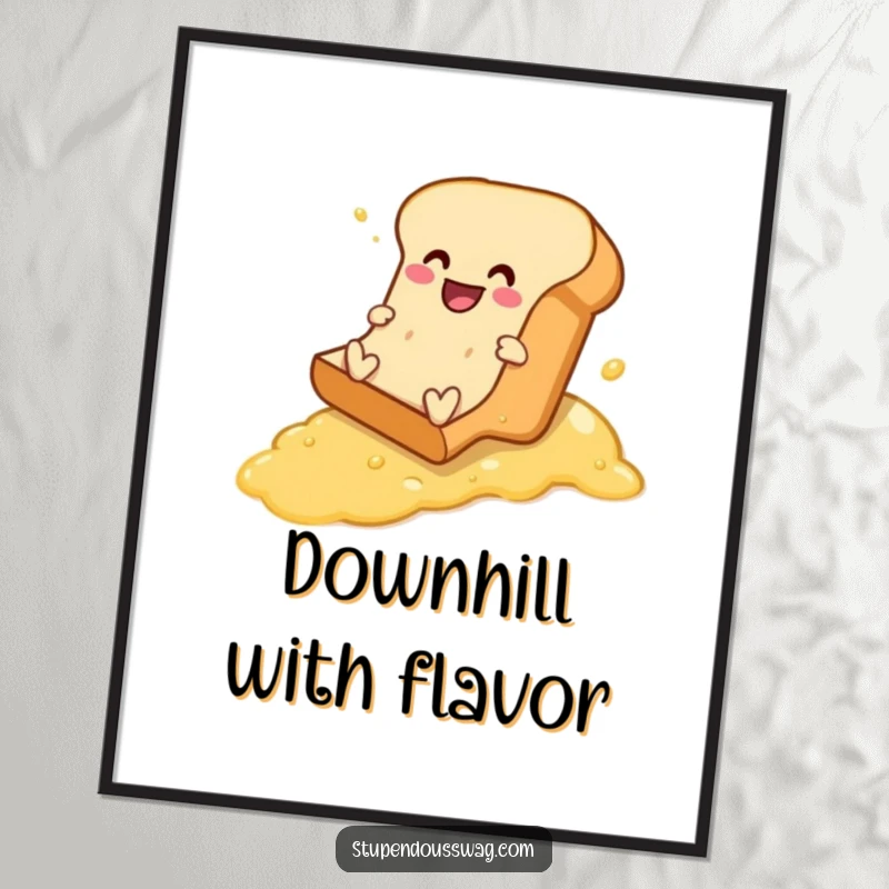 Funny digital art print of a bread loaf comically sliding down a buttered slope, perfect for humorous wall decor.