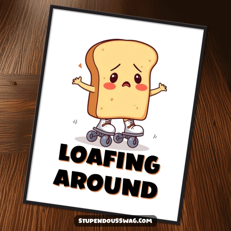 Confused loaf of bread character trying to wear roller skates, high-quality digital art print for instant download.