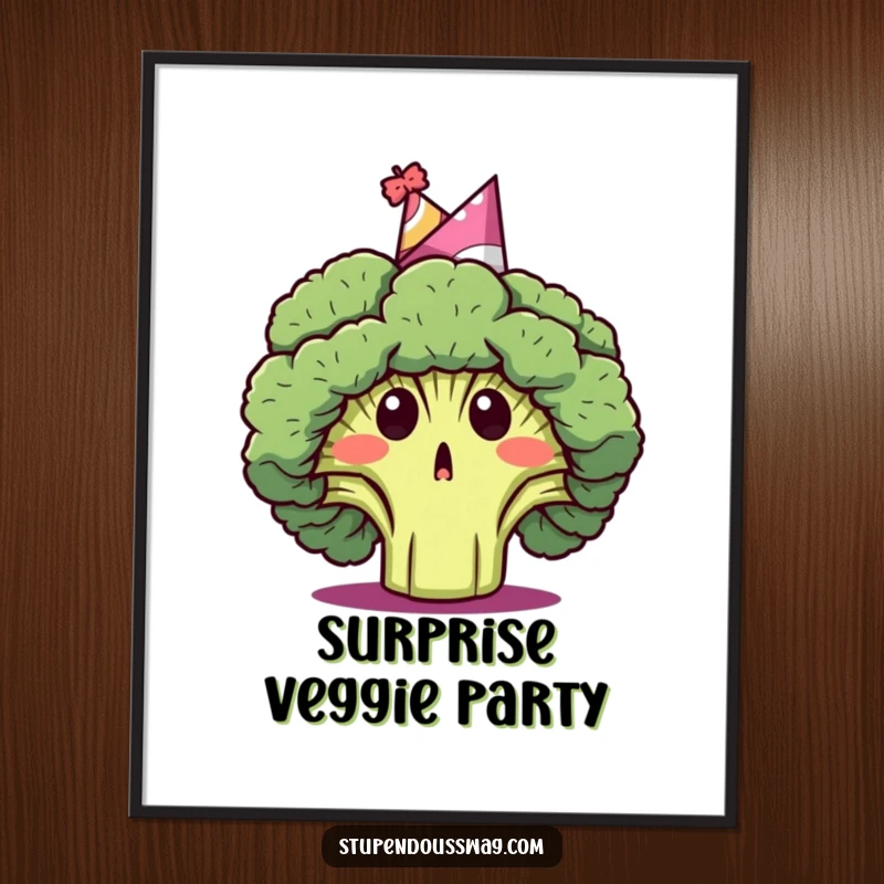 Funny digital art print of a surprised broccoli head wearing a party hat, a humorous and festive addition to any decor.