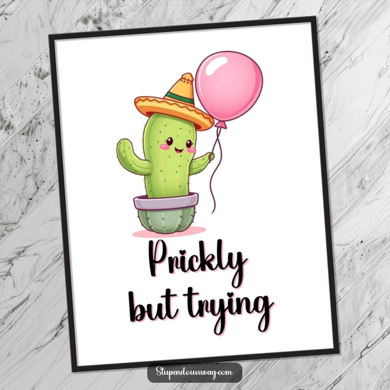 Funny digital art print of a cactus wearing a tiny sombrero attempting to hug a balloon, offering a downloadable piece of whimsical wall decor.