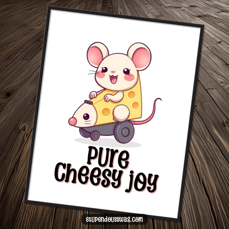 Happy piece of cheese character riding a squeaky toy mouse, high-quality digital art print for instant download.