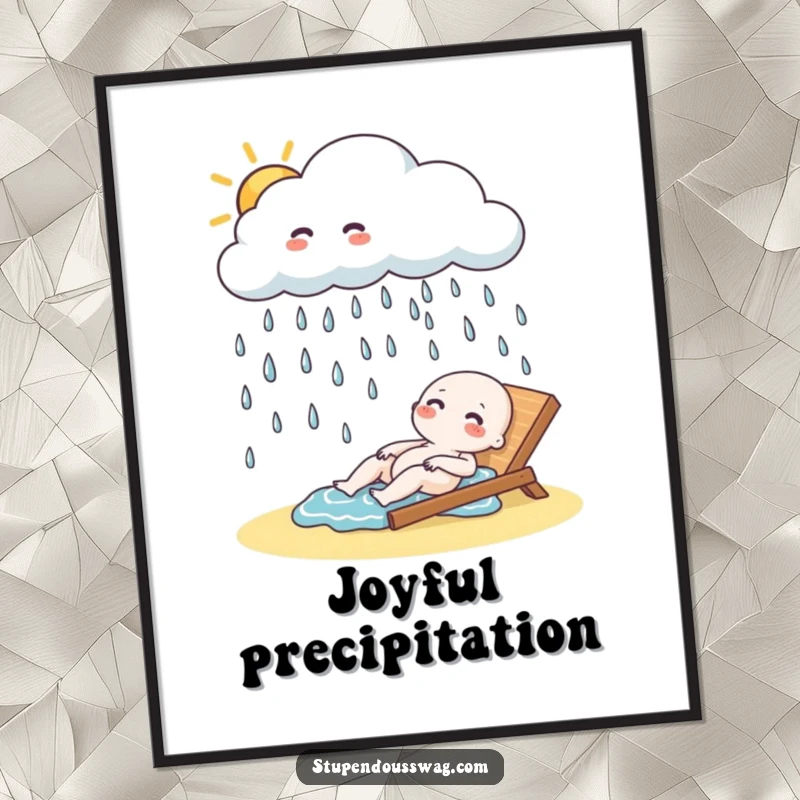 Funny Digital Art Print: A playful cloud raining giggling raindrops onto a sunbather, depicting cheerful weather humor.