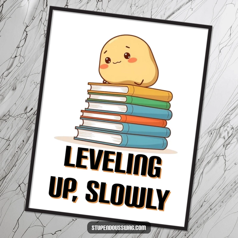 Funny digital art print of a determined potato climbing a stack of books, adding humor and charm to any space.