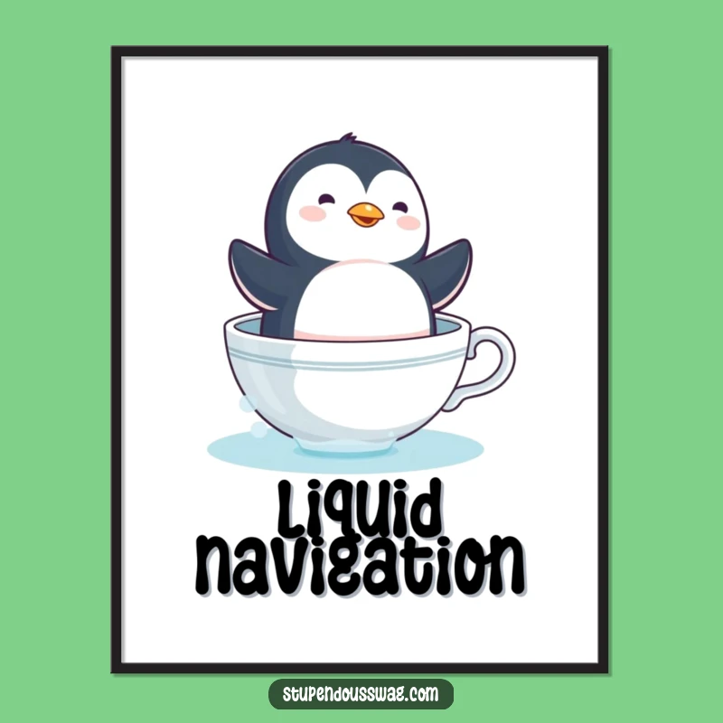 Funny Dizzy Penguin Teacup Digital Art - Whimsical Floating Bird Print!