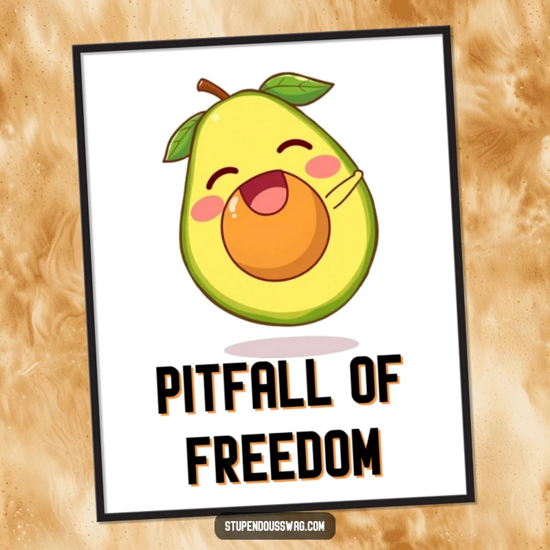 Funny avocado digital art print of a laughing avocado pit escaping its fruit and doing a tiny somersault. Humorous healthy food illustration.