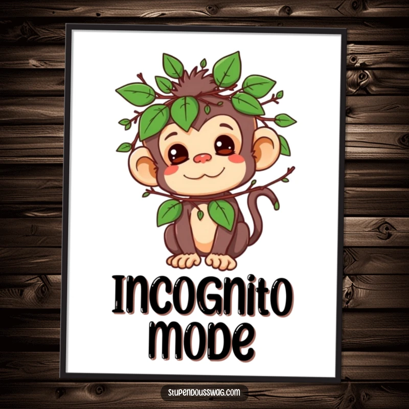 Funny digital art print of a mischievous monkey character wearing an elaborate disguise of leaves and twigs, artistic and humorous.